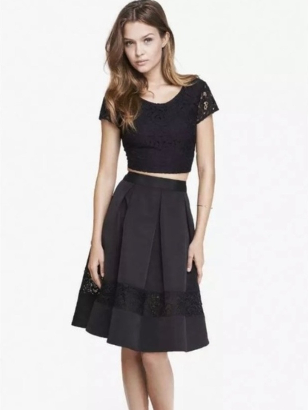 Express Black Pleated Lined A-Line Midi Skirt with Crochet Lace Inset Details